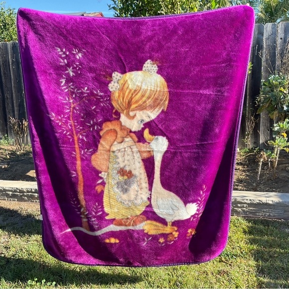 Vintage Precious Moments Blanket 42x52 Girl with Goose Purple Plush Soft Cozy - Picture 1 of 9